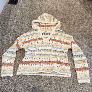 BKE Striped Pointelle Hooded Multicolor V-Neck Sweater XS